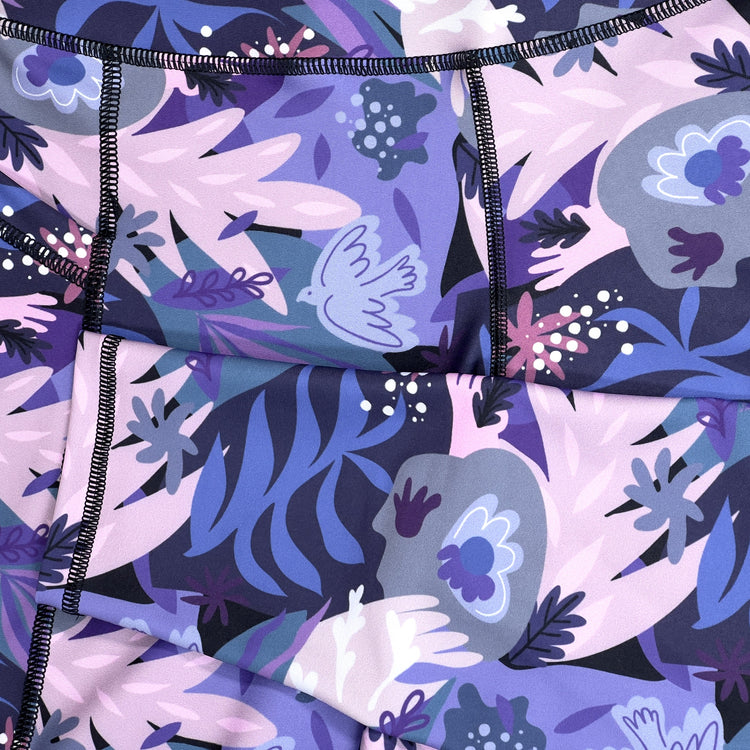 Detail of Paloma design by Monique Baques printed on recycled polyester fabric made from discarded single use plastic bottles