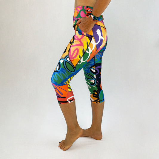 Colourful 3/4 length leggings made in Australia - Venus - side pocket
