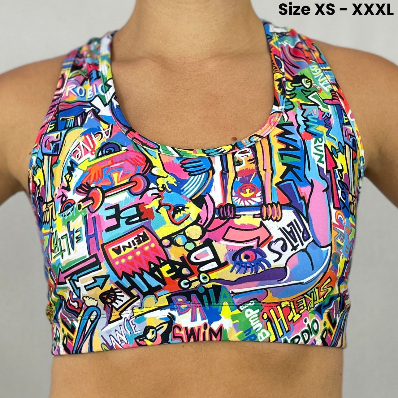 Ethical Sports Bra Art2Go Doodlz by Monique Baques front plus size