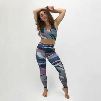 colourful high rise leggings with pockets made sustainably from recycled materials - purple camouflage full body