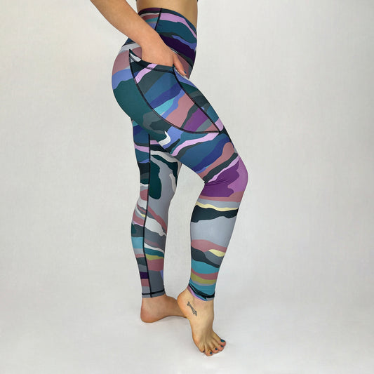 colourful high rise leggings with pockets made sustainably from recycled materials - purple camouflage side pocket