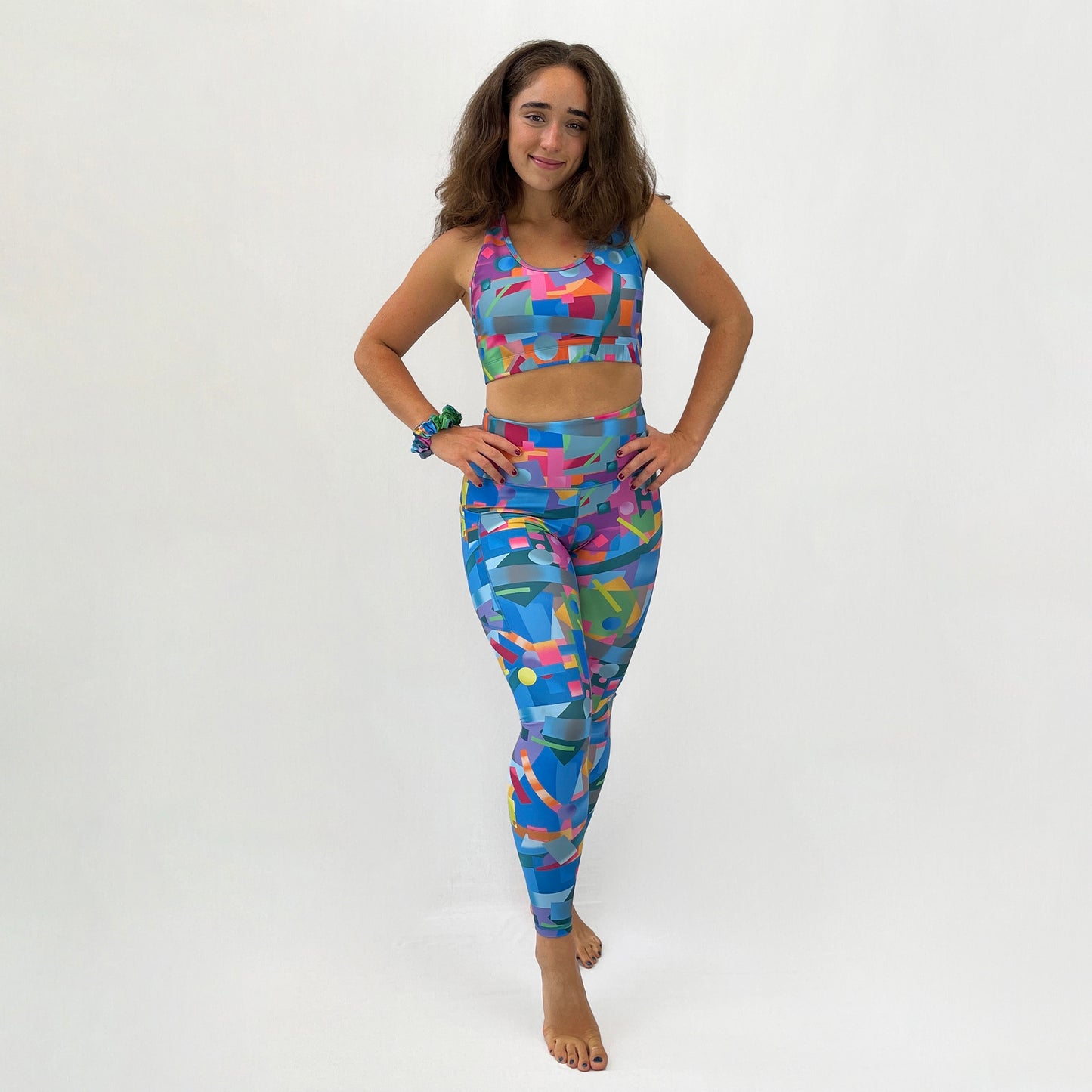 colourful high rise leggings with pockets made sustainably from recycled materials - geometric - full body