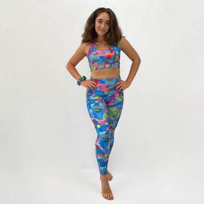 colourful high rise leggings with pockets made sustainably from recycled materials - geometric - full body