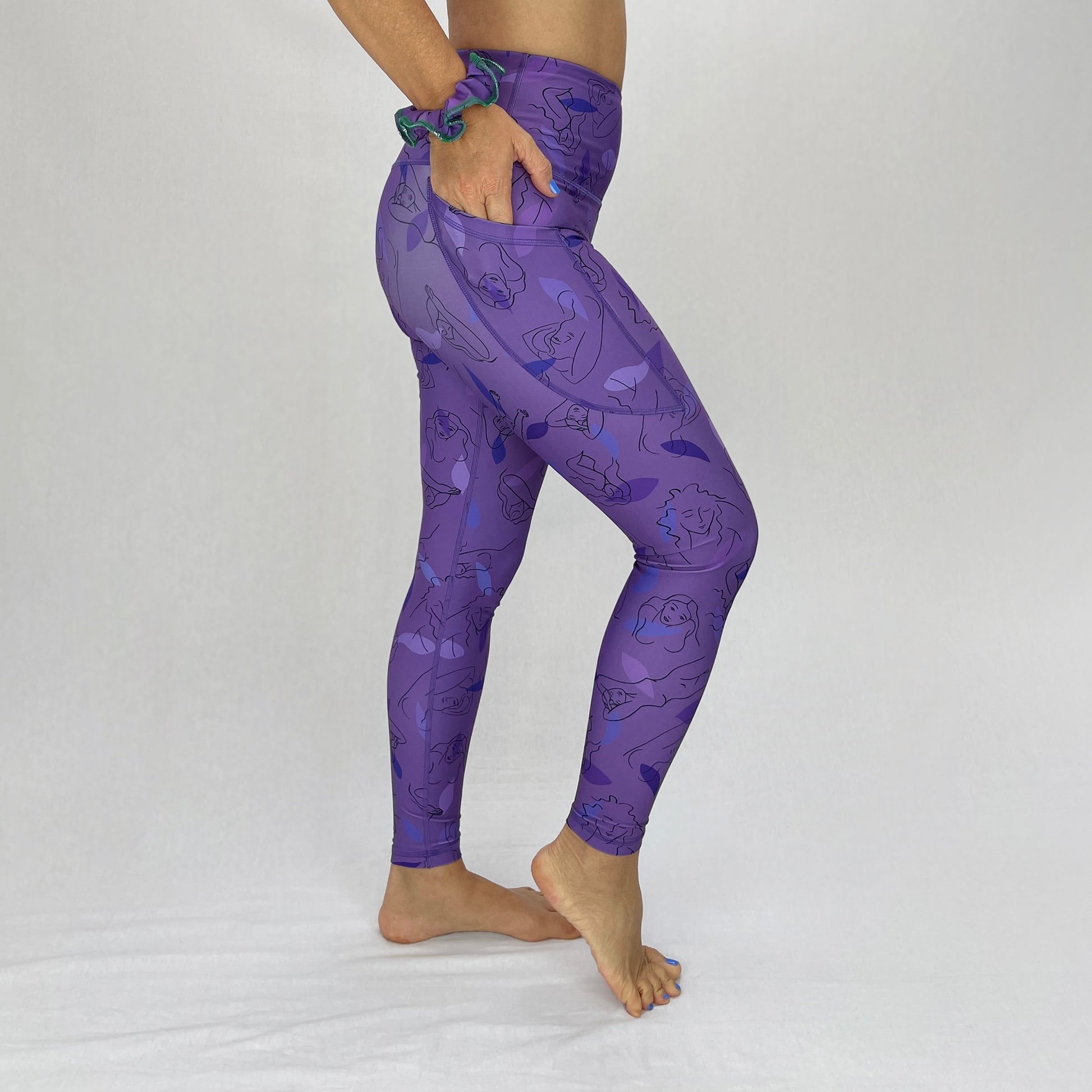 colourful high rise leggings with pockets made sustainably from recycled materials - purple women - side pocket