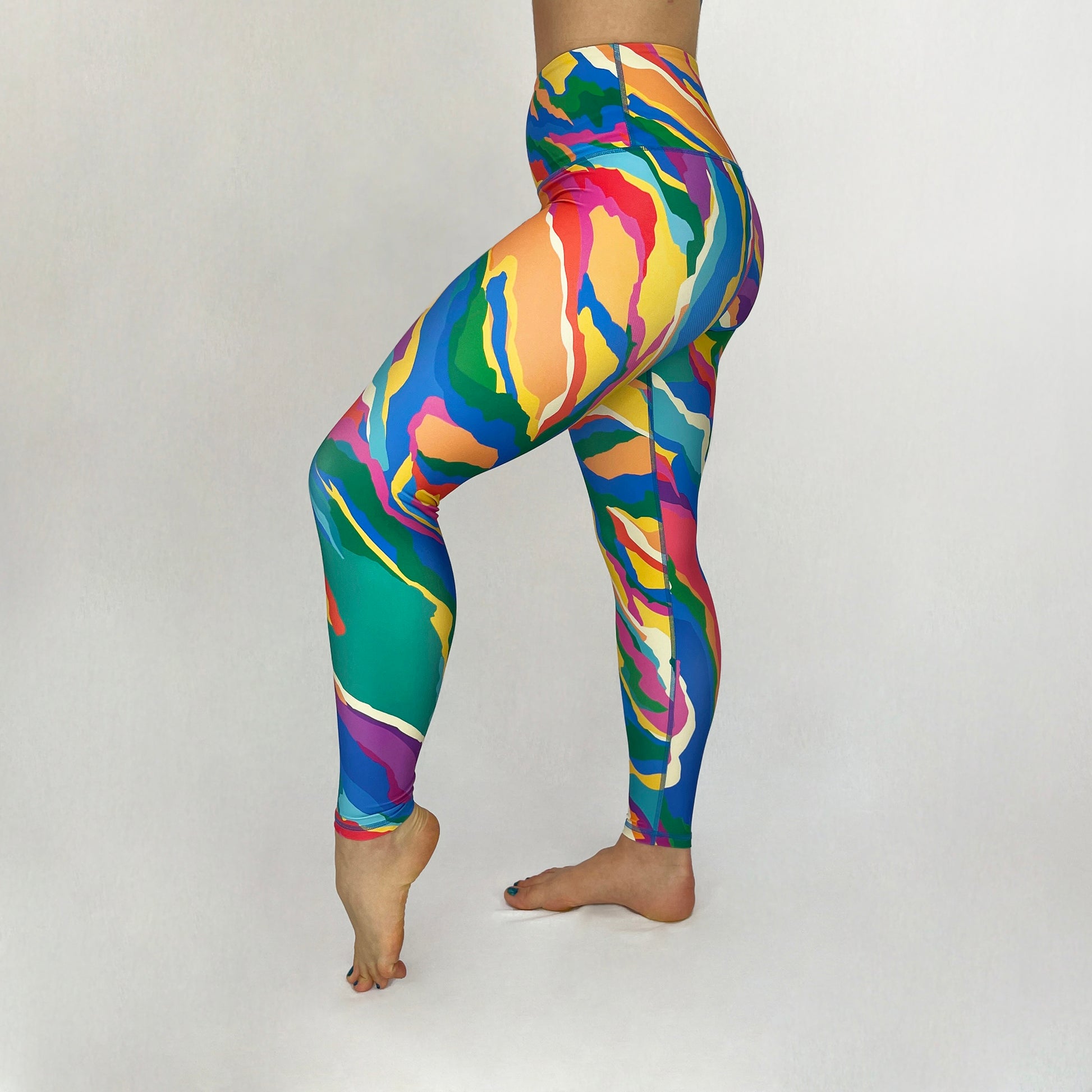 colourful full length leggings with pockets sustainably made with recycled materials - Rainbow - left side