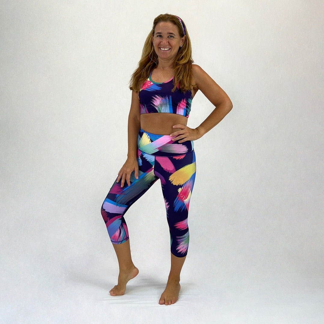Brushstrokes 2022 Ltd Design 3/4 length sustainable leggings and sports bra by Monique Baques
