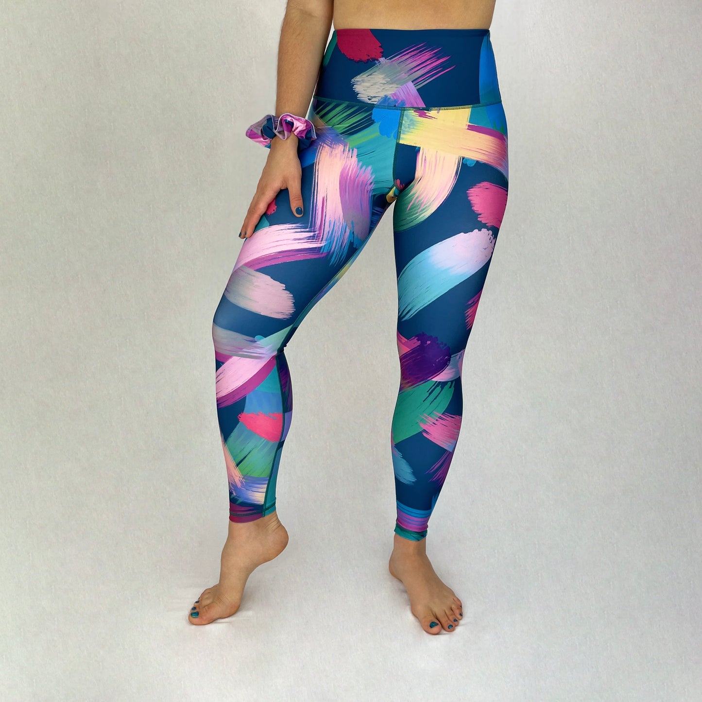 colourful high rise leggings with pocket made sustainably from recycled materials - brushtrokes