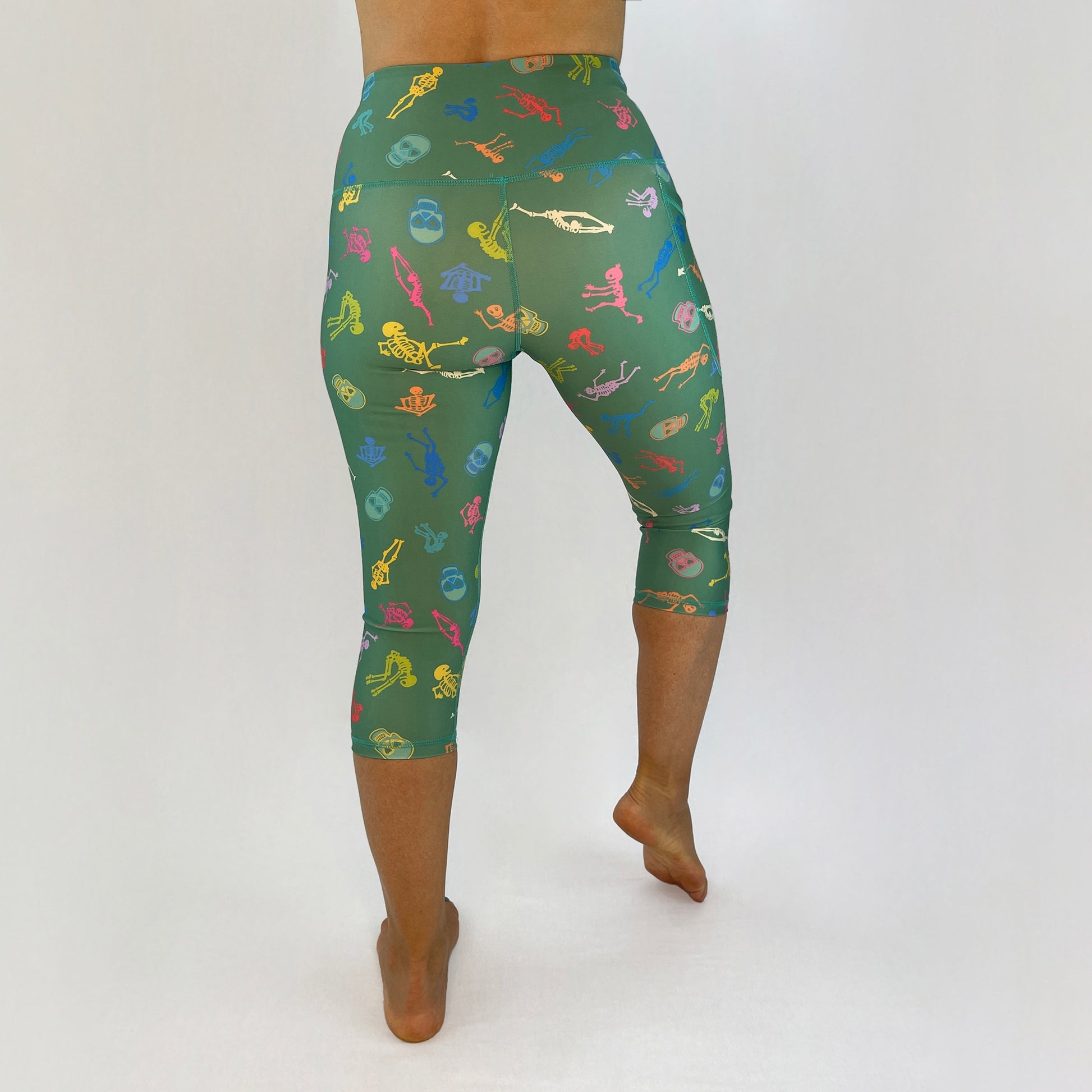 colourful high rise leggings with pockets made sustainably from recycled materials - skeletons and skulls back