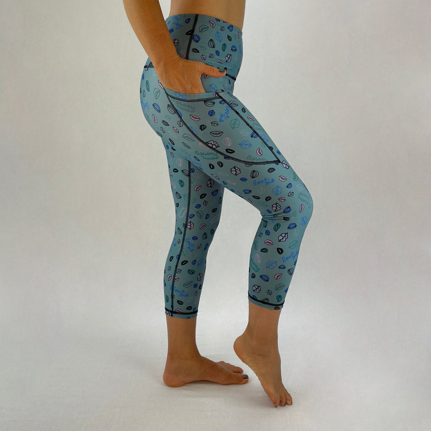 colourful high rise leggings with pockets made sustainably from recycled materials - lips kisses