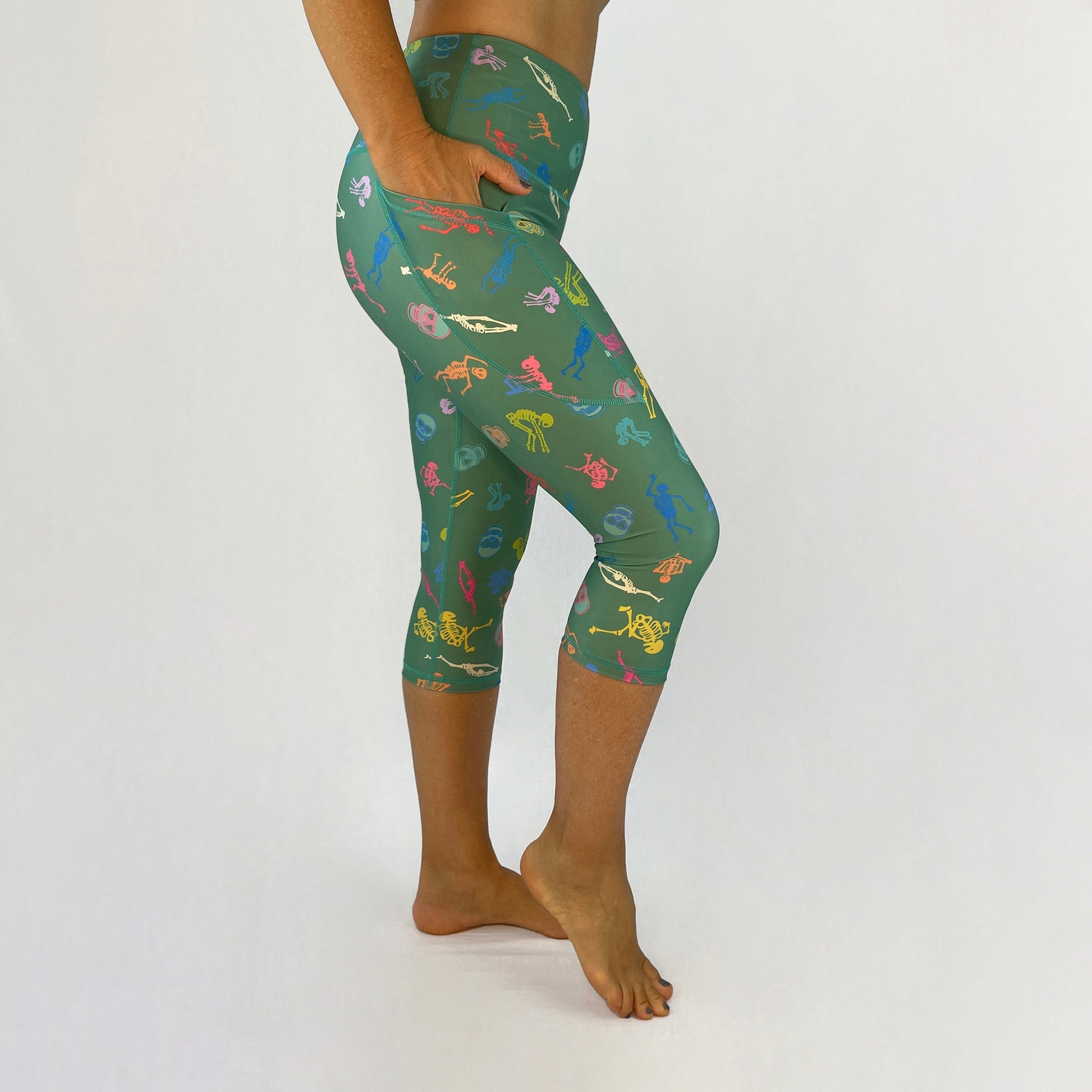 colourful high rise leggings with pockets made sustainably from recycled materials - skeletons and skulls side pocket