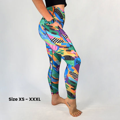 Side view of full-length leggings with pocket in Spark design by Art2Go Monique Baques