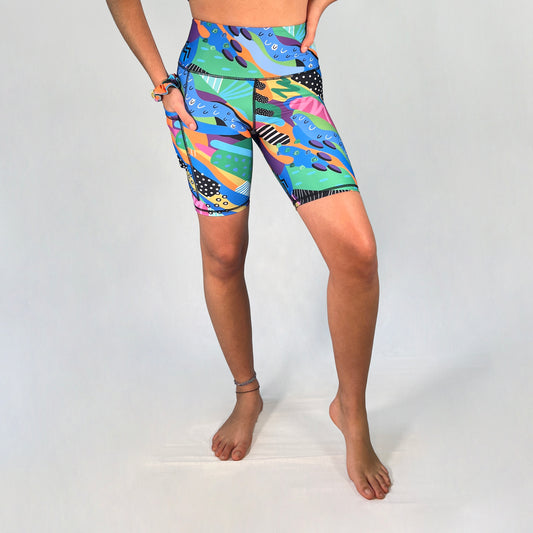 Front view of bike shorts with pocket in Spark design by Art2Go Monique Baques