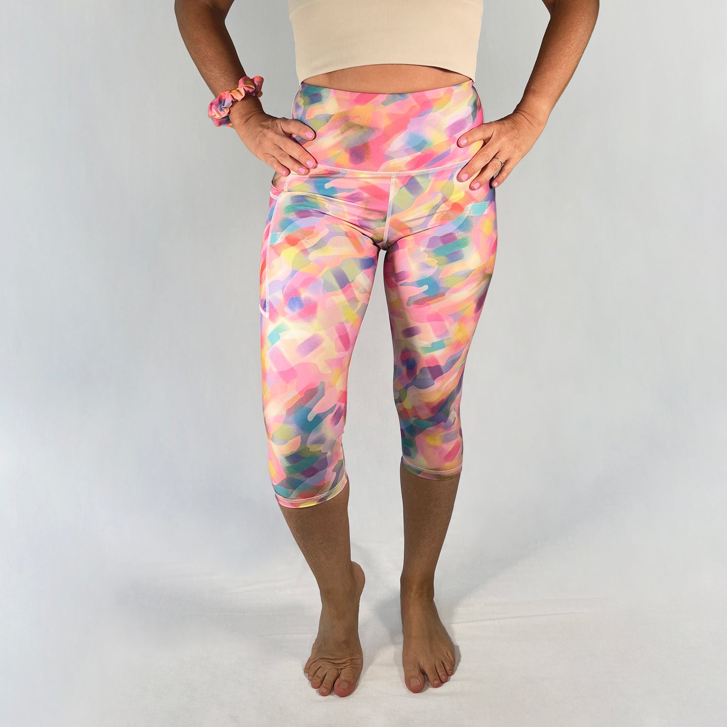 Front view of 3/4-length leggings with pocket in Imagine design by Art2Go Monique Baques