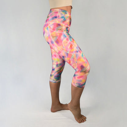 Side view of 3/4-length leggings with pocket in Imagine design by Art2Go Monique Baques