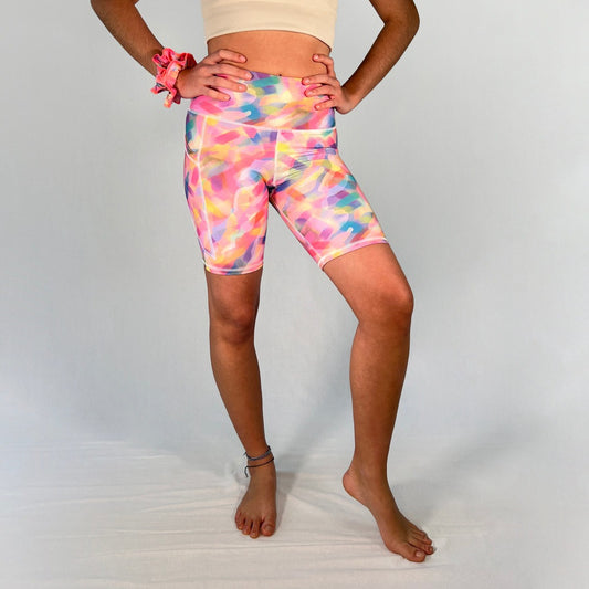 Front view of bike shorts with pocket in Imagine design by Art2Go Monique Baques
